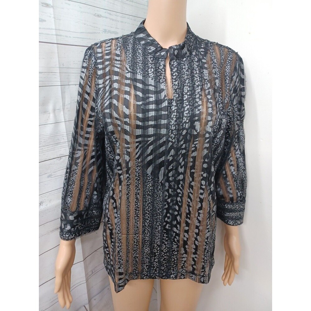 Chicos Travelers Womens  Cardigan 2 (L) Black Gray Stripe Lace Semi Sheer Zip Up